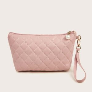 1pc Embroidered Grid Cosmetic Bag Solid Color Clutch Bag Multifunctional Portable Large Capacity Storage Bag Hand Bag Makeup Bag For Women Girls